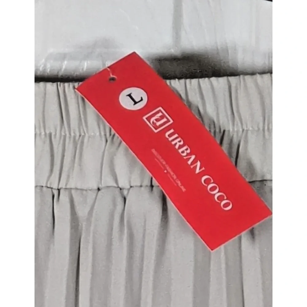 Urban Coco Pleated Midi Skirt Gray Large L Elastic Waist Accordium A-Line Pocket